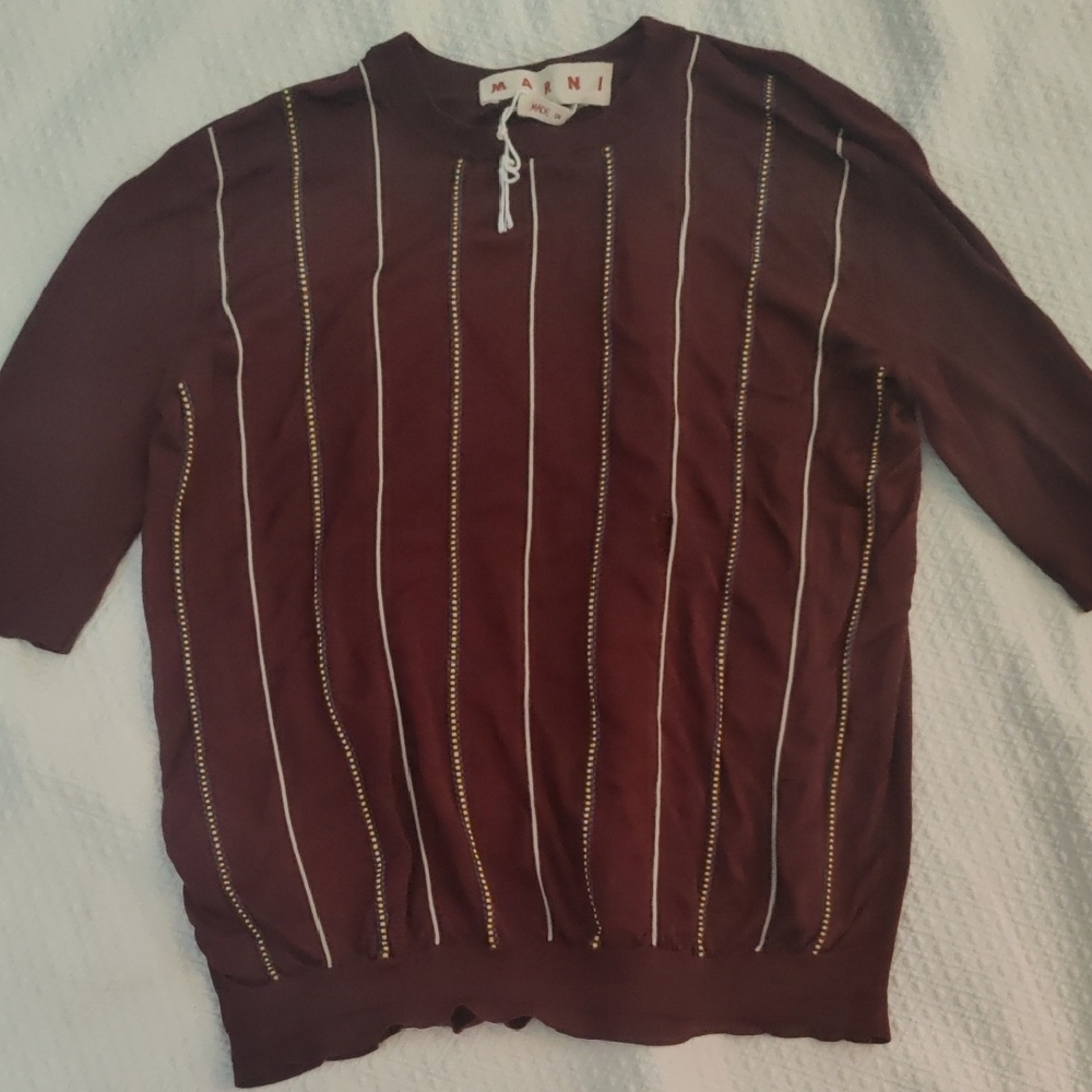 Marni Burgundy Crewneck Sweater with White and Gold Pinstripes